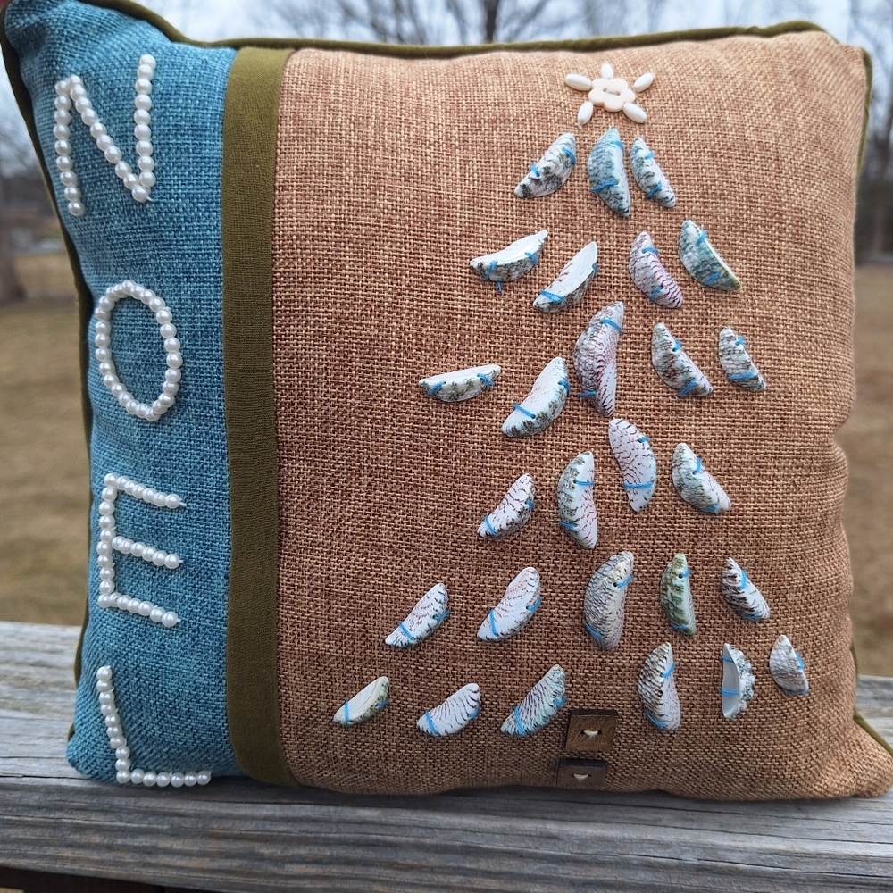 NOEL Seashell Christmas Tree Throw Pillow Burlap Coastal Decor Nautical Holiday